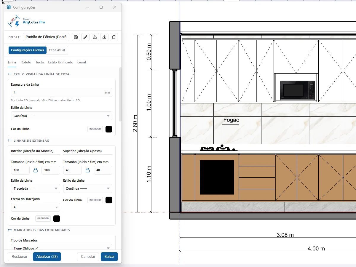 Interface do Henny ArqCotas Pro no SketchUp