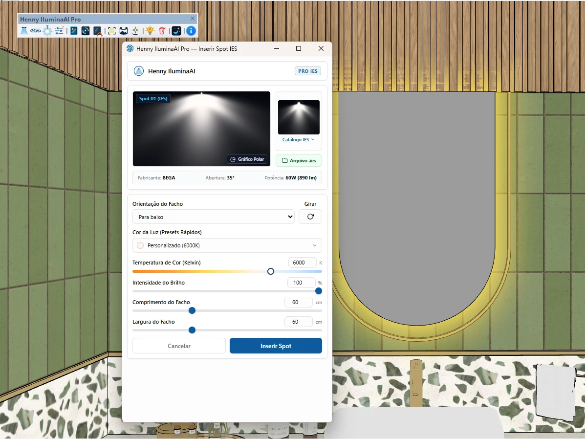 Interface do Henny IluminaAI Pro no SketchUp